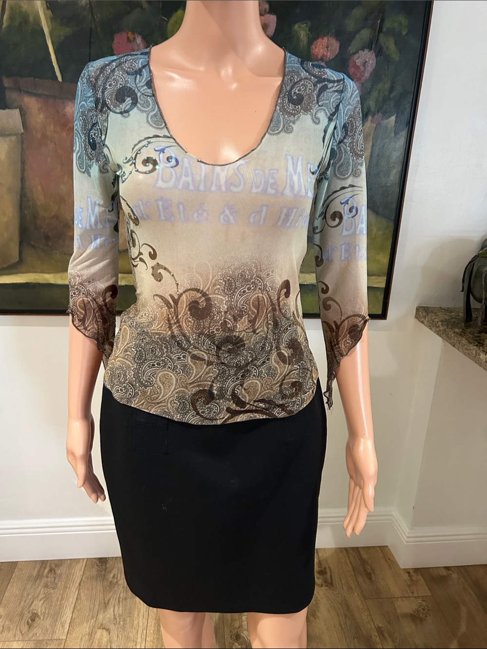 Topsy Turvy semi sheer print top